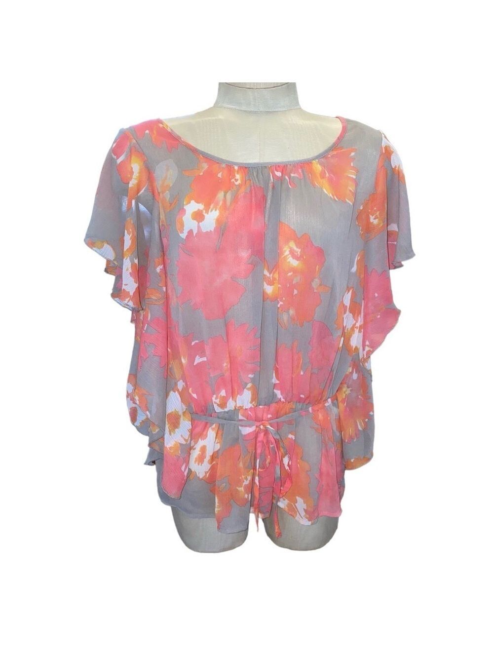 INC Pink & Orange Semi Sheer Peplum Blouse with Drawstring Waist Size 14